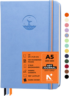 NEORAH ART JOURNAL | Dotgrid Notebook | 3 Bookmarks |Elastic Closure, Inner BackPocket A5 Journal DOTTED 160 Pages(Light Blue)