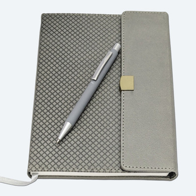 UJJi A5 Grey Textured Diary with Flap Closure and Click Metal Pen A5 Gift Set Ruled 192 Pages(Grey)