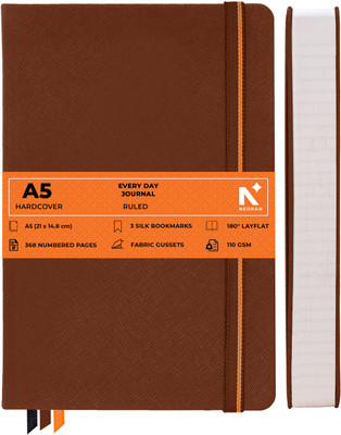 NEORAH 368Pages-110 Gsm |PAGE A DAY RULED Notebook Journal |Back Pocket |3 Book Mark A5 Journal Ruled 368 Pages(Brown)