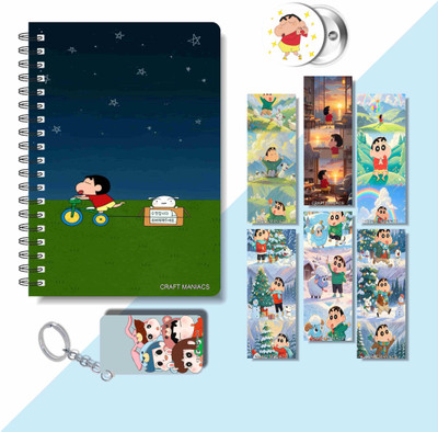 craft maniacs 2025 SHINCHAN DIARY & 6 FREEBIE BOOKMARKS & ONE KEYCHAIN & ONE BADGE A5 Notebook RULED 160 Pages(White)