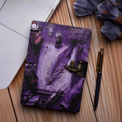 Al Zohra Handicraft Leather Cardboard Dark Leaf Print Special Binding A5 Diary Notebook A5 Notebook Unruled 200 Pages(Purple)