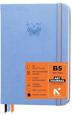 NEORAH ART JOURNAL | Dotgrid Notebook | 3 Bookmarks |Elastic Closure, Inner BackPocket B5 Journal DOTTED 160 Pages(Light Blue)