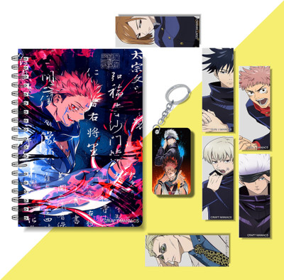 craft maniacs 2024 JUJUTSU KAISEN DIARY ,6 FREEBIE BOOKMARKS & ONE WOODEN KEYCHAIN A5 Notebook RULED 160 Pages(Multicolor)