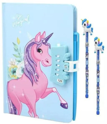 RHINETOYS Unicorn Password Lock Diary with Pen & 2 UNICORN PENCIL for Girls Kids A5 Diary Ruled 50 Pages(Blue, Pack of 3)