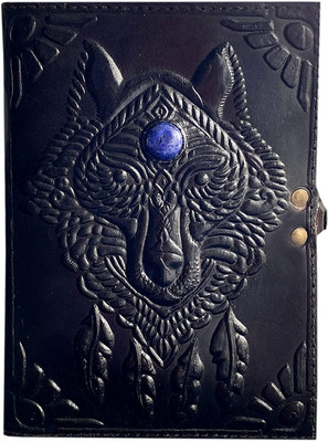 Dev HC Handmade Leather Diary Embossed Wolf Design with Lock and Stone A5 Diary Plain 100 Pages(Black)