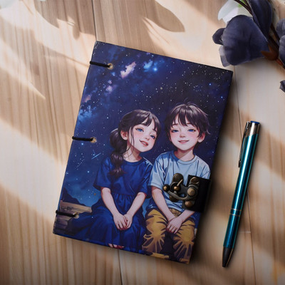 Al Zohra Handicraft Leather Cardboard Couple Print Special Binding A5 Diary Notebook A5 Notebook Unruled 200 Pages(Blue)
