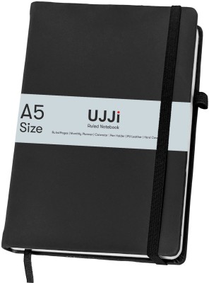 UJJi Black Colour Notebook in PU Leather with Elastic Closure and Pen Loop A5 Notebook Ruled 186 Pages(Black)