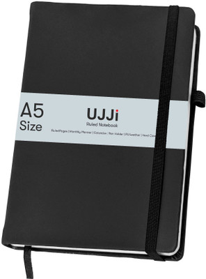 UJJi Black Colour Notebook in PU Leather with Elastic Closure and Pen Loop A5 Notebook Ruled 186 Pages(Black)