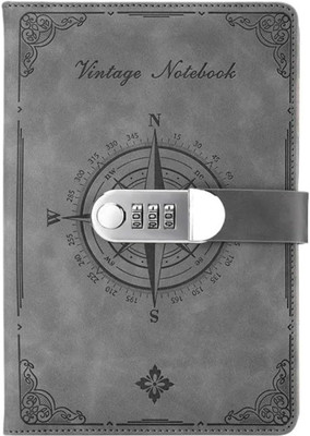 ELIE INDIA Vintage Leather Notebook with Lock Compass Design Diary for Writing Journal Regular Diary Single Rule 200 Pages(Grey)