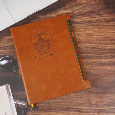 Erminio Palamino Executive Leather Diary 2026, Monthly Calendar Diary with Pen Loop & Holder B5 Diary Ruled 365 Pages(Brown)