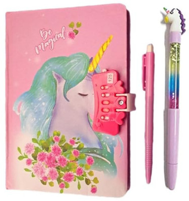 RHINETOYS Unicorn Password Lock Diary with Unicorn Ball and Gel Pen A5 Diary Ruled 80 Pages(Pink)