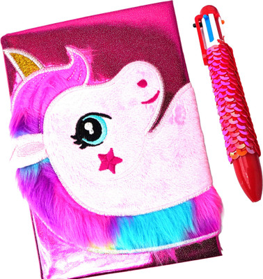 RELIA ONLINE Unicorn Glitter Fur Diary with Sequin Pen for Kids ( Pack of 2) Pen Gift Set(Ink Color - Multicolor)