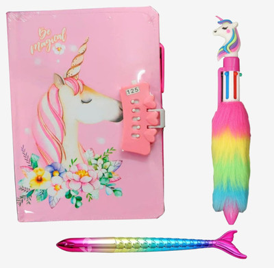RHINETOYS Unicorn Password Lock Diary with Unicorn Furr and Mermaid Pen A5 Diary Ruled 160 Pages(Pink, Pack of 3)