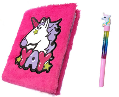 Definite Unicorn Soft Fur Diary with Glitter Water Pen for Girls Gifting Surprise Set A5 Diary Single 160 Pages(Dark Pink Diary Pen Kids Combo)