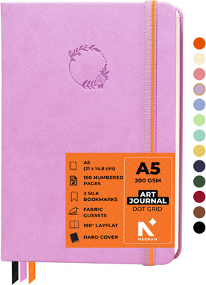 NEORAH ART JOURNAL | Dotgrid Notebook | 3 Bookmarks |Elastic Closure, Inner BackPocket A5 Journal DOTTED 160 Pages(Lavender)