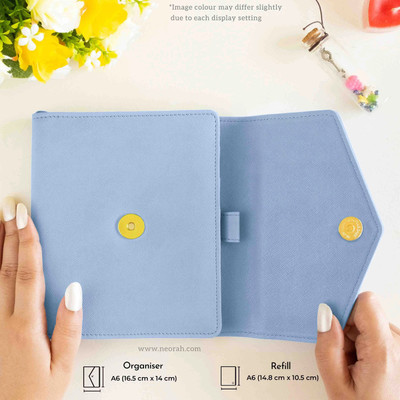 NEORAH Notebook SLEEVE with Envelope Flap Closure + JOURNAL|Faux Leather|4 Card Slots A6 Organizer DOTGRID 160 Pages(Light Blue)