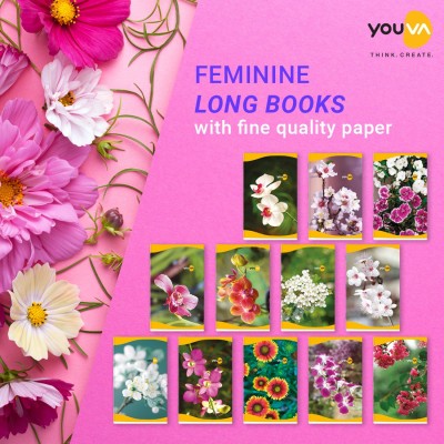 NAVNEET Youva Soft Bound Long Book Feminine Series 17x27 cm Regular Notebook Single Line 172 Pages(Multicolor, Pack of 4)