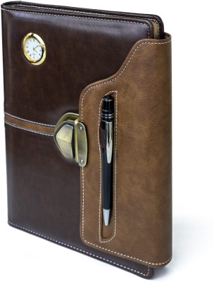 Erminio Palamino PU Leather Cover Folder Diary with Analog Watch & Pen Holder A4 Diary Ruled 360 Pages(Brown)