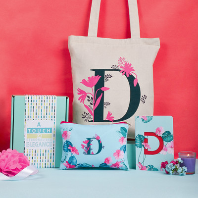 Doodle Monogram Diary Gift Set with Tote Bag and Pouch | Soft Bound Ruled B6 Notebook Stationery Gift Set for Girls and Women | Initial D - 192 Pages(Sky Blue/Red, Pack of 3)