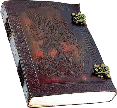 Dev HC Double Lock Leather Handmade Diary with Unlined Pages Dragon Embossed A5 Journal Plain 100 Pages(Brown)