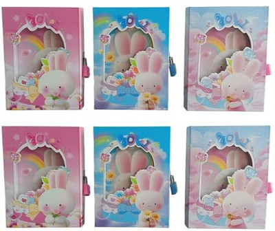 Gold Leaf Rabbit Themed Diary Hardcover Journal Lined Memos, Beautiful Box Lock and Keys A6 Notebook Ruled 100 Pages(Pink, Blue, Light Blue, Pack of 6)