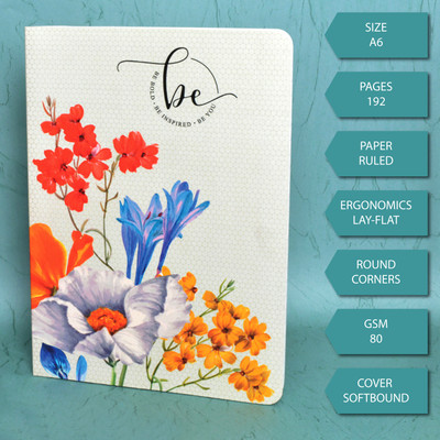 Memorys Softbound A6 Notebook With Rounded Corners (148mmX210mm), 80 GSM A6 Notebook Ruled 192 Pages(Botanical Flower)