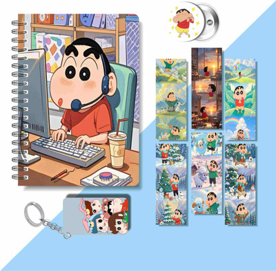 craft maniacs 2025 SHINCHAN DIARY & 6 FREEBIE BOOKMARKS & ONE KEYCHAIN & ONE BADGE A5 Notebook RULED 160 Pages(Black)