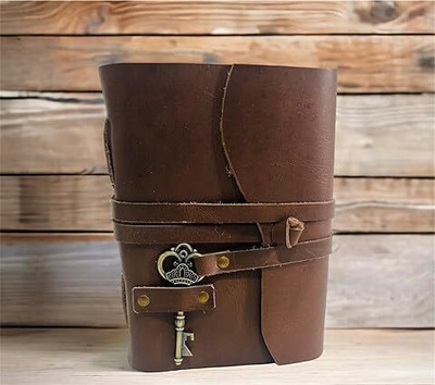 ARSHAD HANDICRAFT Key Leather Writing Notebook Deckle adge with belt lock Handmade Leather Journal A5 Diary Blank 200 Pages(Dark Brown)