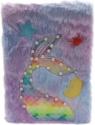 Gold Leaf Glitter MermaidThemed Plush Fur Notebooks A5 Diary Ruled 160 Pages(Multicolor)