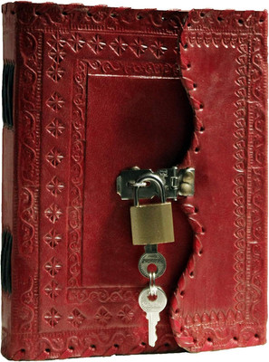 Dev HC Leather Handmade Lock and Key Diary with Unlined Pages Embossed Diary A5 Journal Plain 100 Pages(Red)