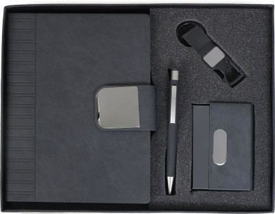 Scribelle Premium PU Notebook Combo Set 80 gsm Paper A5 Notebook Metal Keychain,Metal Pen,Card Holder 208 Pages(Black)