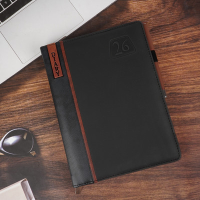 Erminio Palamino Premium PU Leather Diary 2026, Black with Brown Accents, Pen Holder B5 Diary Ruled 365 Pages(Black)