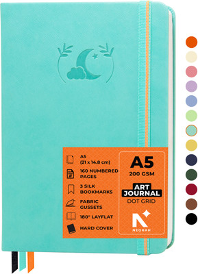 NEORAH ART JOURNAL | Dotgrid Notebook | 3 Bookmarks |Elastic Closure, Inner BackPocket A5 Journal DOTTED 160 Pages(Teal)