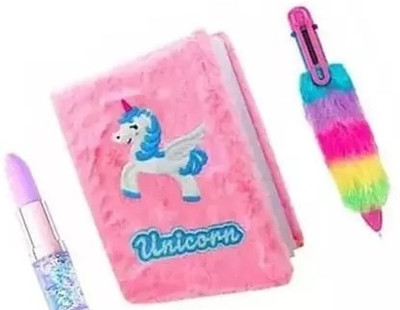 RHINETOYS Unicorn Pink A6 size Fur Diary/fur pen /Lipstick pen A6 Diary Ruled 80 Pages(Pink)