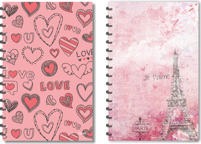 ESCAPER Baby Pink Love Hearts & Pink Eiffel Tower Paris Designer Diaries, Designer Notebook, Notepads - Pack of 2 Diaries A5 Diary Ruled 160 Pages(Multicolor, Pack of 2)