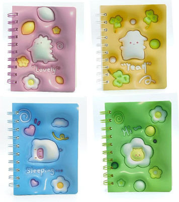 Gold Leaf Mini Cartoon Themed 3D Spiral Notebook A6 Diary Ruled 75 Pages(Pink, Blue, Yellow, Green, Pack of 4)