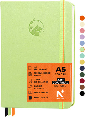 NEORAH ART JOURNAL | Dotgrid Notebook | 3 Bookmarks |Elastic Closure, Inner BackPocket A5 Journal DOTTED 160 Pages(Light Green)