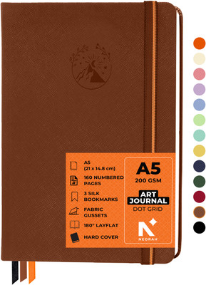 NEORAH ART JOURNAL | Dotgrid Notebook | 3 Bookmarks |Elastic Closure, Inner BackPocket A5 Journal DOTTED 160 Pages(Brown)