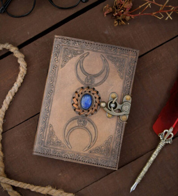 MAKENSTYLECOLLECTION TRIPLE MOON Leather journal with metal lock 100 pages A5 size A5 Journal UNRULED 200 Pages(MULTICOLOR03)