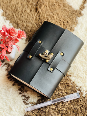 ARSHAD HANDICRAFT Belt Closure Leather Journal with 200 deckle edges pages A5 Diary Plain 200 Pages(Black)