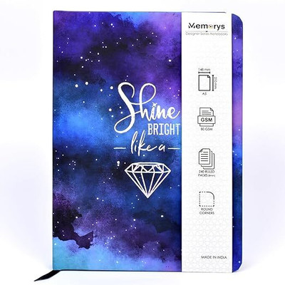 Memorys Ribbon Bookmark Notebook With Rounded Corners 148mmX210mm, 80 GSM A5 Diary Ruled 240 Pages(Galaxy)
