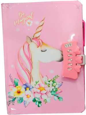 RHINETOYS Unicorn Password Lock Diary with Unicorn Light pen For Kids A5 Diary Ruled 50 Pages(Pink)