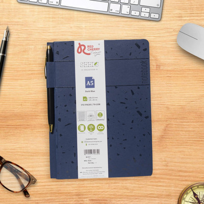 Red Cherry Seeds Collection Acid-free Long Life Eco-friendly Paper 70 GSM Natural Shade A5 Notebook Pen With Holder Opens Flat Ruled 192 Pages(Dark Blue)