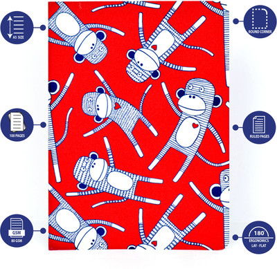 Memorys Soft Bound Rounded Corners Printed Notebooks (148mmX210mm), 80 GSM A5 Notebook Ruled 96 Pages(Funky Monkey)