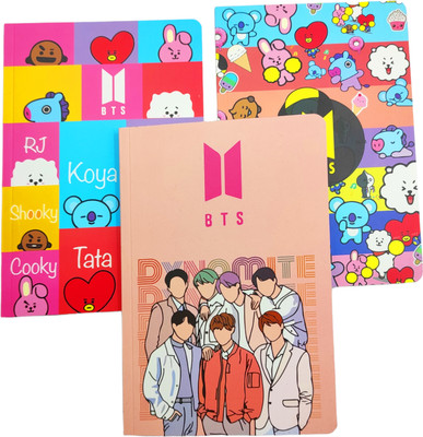 poksi BTS Music and BT21 Cartoon A5 Diary Ruled 100 Pages(Multicolor, Pack of 3)