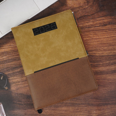 Erminio Palamino 2026 Executive Diary, Corduroy and Leather Cover, Daily and Monthly Calendar B5 Diary Ruled 365 Pages(Brown)