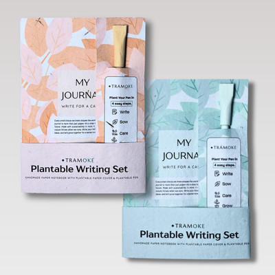 Tramoke Plantable Writing Kit | Writing Journal and Seed Pen | Marigold and Basil A5 Gift Set Plane 40 Pages(Orange, Green, Pack of 2)