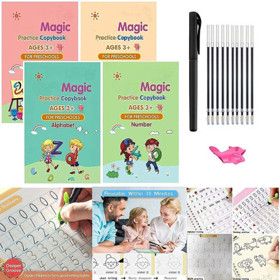 Cpixen 4 Pcs Magic Practice Copybook Set For Kids Children Cursive Handwriting A4 Notebook Single Rule 8 Pages(Multicolor, Pack of 4)