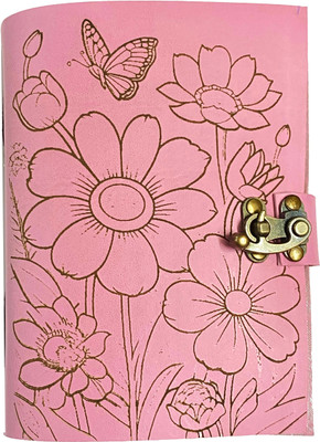 DI-KRAFT Flower Engraving Leather journal with metal lock 100 pages A5 size A5 Diary Unruled 100 Pages(Pink)