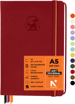 NEORAH ART JOURNAL | Dotgrid Notebook | 3 Bookmarks |Elastic Closure, Inner BackPocket A5 Journal DOTTED 160 Pages(Red)